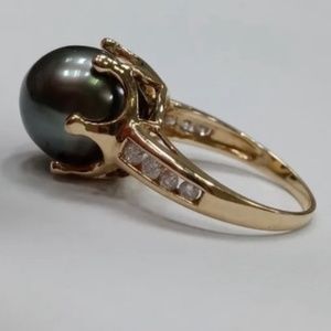 *Majestic* Estate HUGE 12mm Tahitian Pearl & Diamond 14K YG Ring Sz 6